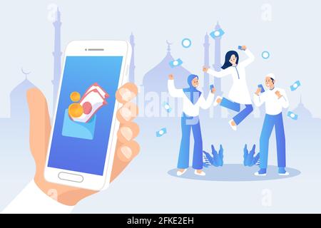 Glückliche Teenager erhalten während der Covid-19-Pandemie über Online-Banking-Anwendung Eid Mubarak-Boni. Eid Mubarak Boni ist Urlaubsgeld in Stock Vektor