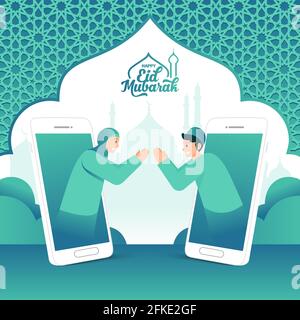 Glückliche eid mubarak Grußkarte, muslimisches Paar segnet Eid mubarak durch Smartphone-Bildschirme mittels Videoanruf während der Covid-19-Pandemie Stock Vektor