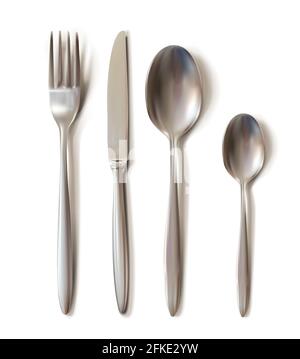Realistisches Besteck-Set mit Schatten - Tischmesser, Löffel, Gabel und Teelöffel. Stock Vektor