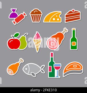Farbenfrohe Illustration einer Reihe von Lebensmitteln und Lebensmittelaufklebern Stock Vektor