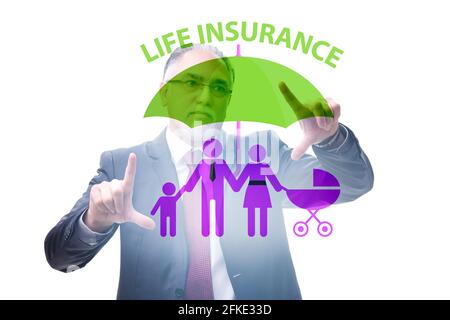 Lebensversicherungs-Konzept mit dem Geschäftsmann Taste drücken Stockfoto