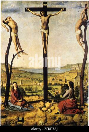 Antonello da Messina.1430-1479.Le calvaire. Kalvarie. Crucifiction avec Marie et Saint Jean l'Evangéliste. Stockfoto