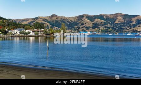 Akaroa Harbour, Akaroa, Christchurch, Canterbury, Neuseeland. Stockfoto