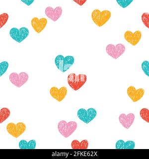Nahtloses Muster mit Herzen gezeichnet mit Buntstiften. Bunte Hintergrund für Stoffe, Tapeten, Geschenkpapier, Parfums, Damenwaren, Valentinstag. Vektorgrafik isoliert auf Weiß. Stock Vektor