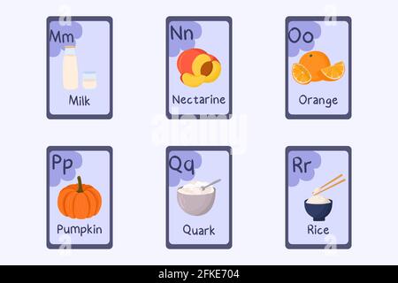 Bunte Alphabet Flashcard Buchstaben M, N, O, P, Q, R - Milch, Nektarine, Orange, Kürbis, Quark, Reis. Food-Themen-Karten für den Unterricht Lesen mit Lebensmitteln, Gemüse, Obst und Nüssen Stock Vektor