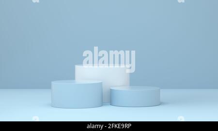 Podium Produkte Ausstellung auf blauem Studiohintergrund. Mode und kosmetisches Konzept. 3d-Rendering. Stockfoto