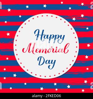 Happy Memorial Day Kalligraphie-Schriftzug auf rot-blau gestreiftem Hintergrund. Amerikanisches patriotisches Typografie-Poster. Vektor-Vorlage für Logo-Design, Banner Stock Vektor