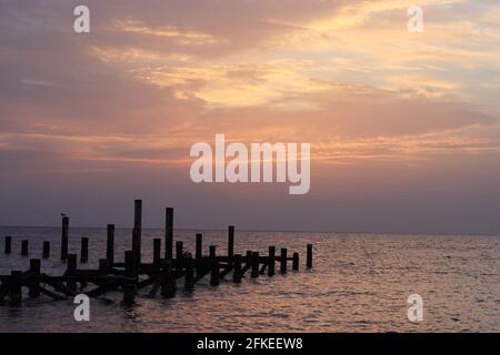 Sonnenaufgang auf dem Meer. Holzstapel von zerstörten Pier ragen aus dem Wasser. Die Sonne guckt hinter den Wolken hervor. Rotes Meer, Safaga, Ägypten. Stockfoto