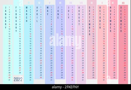 Rainbow Kalender 2022 Vorlage. Neues Jahr 2022. 12 Monate vertikal in verschiedenen Farben. Vektor Wandkalender auf hellem Hintergrund. Stock-Vektor Stock Vektor