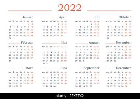 2022-Jahres-Kalender auf Deutsch. Vorlage für den horizontalen Vektor, der bearbeitet werden kann. Einfaches und sauberes Design Stock Vektor