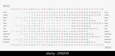 Kalender 2022 auf Spanisch auf hellem Hintergrund. 12 Monate Zeile für Zeile. Linearer Kalender von 2022 Jahr. Einfache und saubere horizontale Stock-Vektorvorlage Stock Vektor