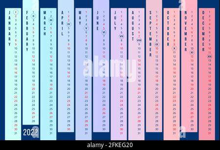 Kalender 2022 Jahr. Neue lineare Kalendervorlage 2022 in Englisch. 12 Monate vertikal in verschiedenen Farben auf dunkelblauem Hintergrund. Stock-Vektor Stock Vektor