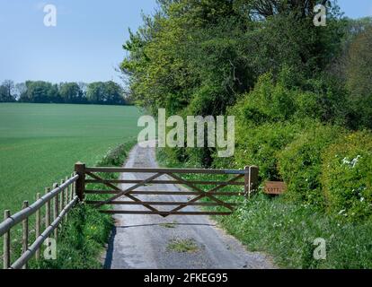 Geschlossenes Tor mit fünf Bars gegenüber dem Eingang zur Farm Road. Stockfoto