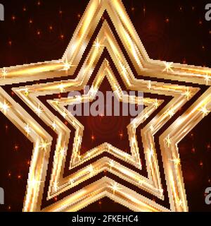 Leuchtend goldene Sterne auf einem dunkelroten Bokeh-Hintergrund mit funkelnden Partikeln. Vektor-Illustration in luxuriösem Gold. Disco-Party-Konzept. Leicht zu bearbeitendes Design Stock Vektor