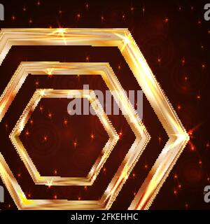 Leuchtendes goldenes Sechseck auf dunkelrotem Hintergrund mit funkelnden Sternen und Partikeln. Vektor-Illustration in luxuriösem Gold. Leicht zu bearbeitende Designvorlage für y Stock Vektor