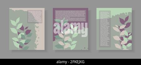 Design-Vorlage für das botanische Deckblatt. Minimalistisches Broschürenlayout in sanften Grün-, Rosa- und Beigetönen. Blumen- und Laubkollektion für den Druck. Minimal, Stock Vektor