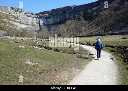 Woman Walking on Path to Malham Cove im Yorkshire Dales National Park, England, Großbritannien. Stockfoto