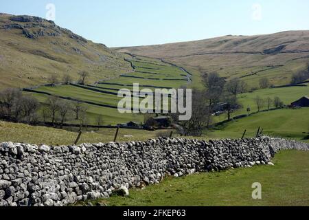 Trockene Steinmauer aus Kalkstein und Feldern vom Fußweg über die Gordale Bridge in der Nähe von Gordale Scar, Yorkshire Dales National Park, England, Großbritannien. Stockfoto