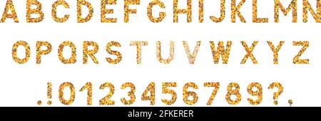 Herbst-Vektor-Alphabet. Buchstaben A-Z, Zahlen 0-9 und Satzzeichen aus gefallenen Blättern, isoliert auf Weiß. Sans serif-Schriftart. Lateinische Großbuchstaben. E Stock Vektor