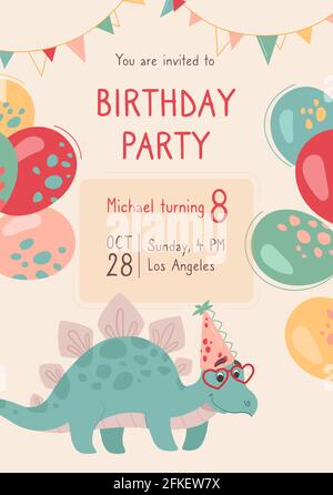 Einladung zum Baby-Geburtstag. Dino lächelt, feiert, Spaß, Ballons und Bunt. Lustige festliche Vektorkarte mit Baby-Dinosaurier auf beigem Hintergrund. Stock Vektor