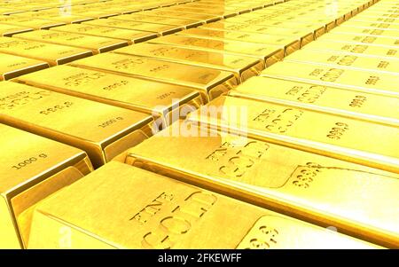 Goldbarren. Abstraktes 3D-Rendering im Hintergrund Stockfoto