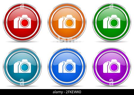 Fotokamera, Fotografie silbermetallic glänzende Symbole, Satz von modernen Design-Tasten für Web-, Internet-und mobile Anwendungen in 6 Farben Optionen iso Stockfoto