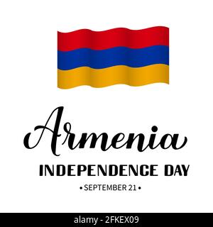 Armenia Independence Day Kalligraphie Handschriftzug mit Fahne isoliert auf weiß. Armenischer Feiertag wurde am 21. September gefeiert. Vektorvorlage für Tippfehler Stock Vektor