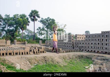 Bild eines Ziegelofens im abgelegenen Hooghly-Viertel. Erwachsene Arbeiter arbeiten hart daran, die rohen Ziegelsteine im Ofen zum Backen zu arrangieren. Stockfoto