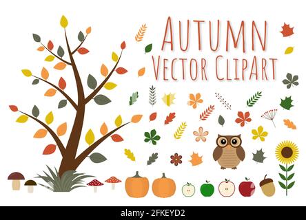 Set aus Vektor-Cliparts für den Herbst. Baum mit bunten Blättern, Blumen, Äpfeln, Beeren, Kürbissen, Pilze, Eichel, Eule, Sonnenblume in flacher Form. Fallen Sie sie Stock Vektor
