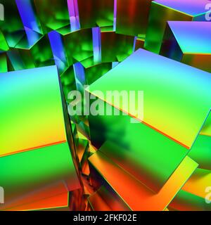 Abstrakter Hintergrund. Eine Spirale aus Würfeln, die zu einer Turmform gestapelt ist. Regenbogenfarben. Stockfoto