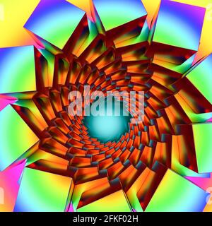 Abstrakter Hintergrund. Eine Spirale aus Würfeln, die zu einer Turmform gestapelt ist. Regenbogenfarben. Stockfoto