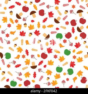 Nahtloses Herbstmuster. Herbstblätter, Blumen, Beeren, Pilze, Eicheln, Vögel, Äpfel, isoliert auf Weiß. Vektor-Hintergrund für Stoff, Textil, BA Stock Vektor