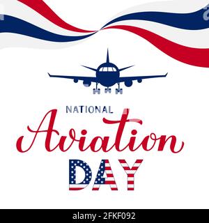 National Aviation Day Kalligraphie Handschriftzug mit Flugzeug isoliert auf weiß. Urlaub in den USA am 19. August gefeiert. Vektorvorlage für Banner, Stock Vektor
