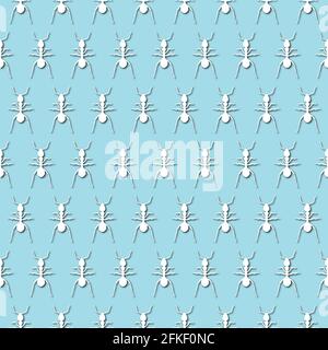 Weiße Ameise, emmet, pismire Silhouette auf hellblauem Hintergrund, nahtloses Muster. Papierschnitt mit Schlagschatten und Lichtern. Stockfoto