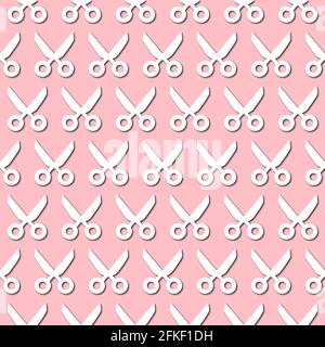 Weißes Scheren-Symbol auf hellrosa Hintergrund, nahtloses Muster. Papierschnitt mit Schlagschatten und Lichtern. Stockfoto