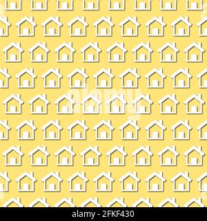 Weißes Haus, Haus, Wohnung Symbol auf hellgelben Hintergrund, nahtlose Muster. Papierschnitt mit Schlagschatten und Highligts. Vektorgrafik. Stock Vektor