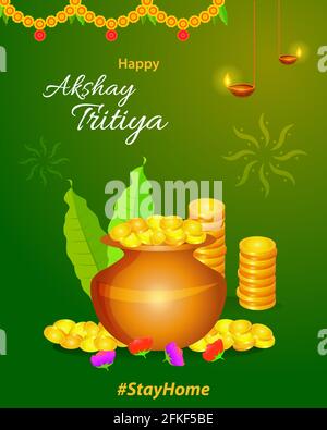 Happy Akshay Tritiya Festival Grußkarte Layout mit Goldmünzen und kalash mit dekorativen Elementen. Vektorgrafik. Stock Vektor