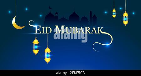 Happy Eid Mubarak festliche Grußkarte mit Mond und Sternen. Goldener glänzender Hintergrund mit Laterne und Moschee für Broschüre, Flyer, Poster, Website. Stock Vektor