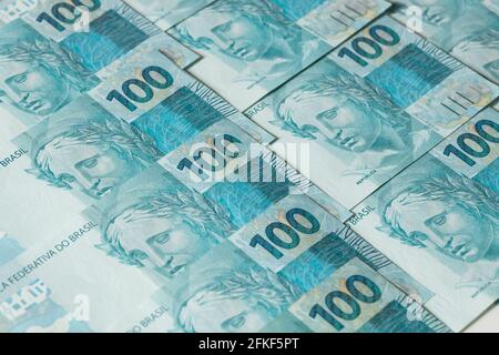 Brasilien Geld, 100 Reais Banknoten, Nahaufnahme Stockfoto