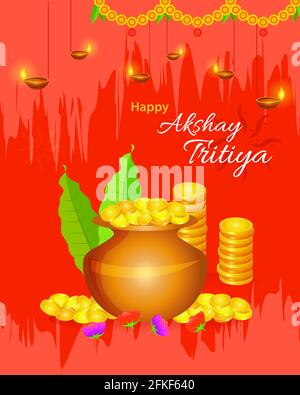 Happy Akshay Tritiya Festival Grußkarte Layout mit Goldmünzen und kalash mit dekorativen Elementen. Vektorgrafik. Stock Vektor