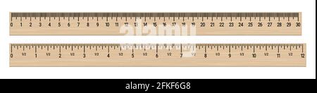 Realistische Holzlineale 30 Zentimeter und 12 Zoll. Realistische 3D-Vektordarstellung isoliert auf weißem Hintergrund. Stock Vektor