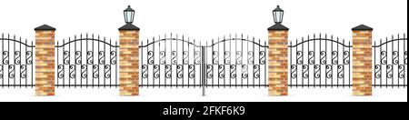 Schmiedeeiserne Zaunplatten und Tore. Ziegelpfosten und Straßenlaternen. Speerzaunstangen und geschwungene Figuren. 3D realistische Vektordarstellung isoliert ein Stock Vektor
