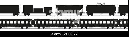 Nahtlose Silhouette des Zuges. Fracht- und Personenzug. Flatcar, Tankwagen und andere. Vektorgrafik im flachen Stil isoliert auf weißem Hintergrund. Stock Vektor