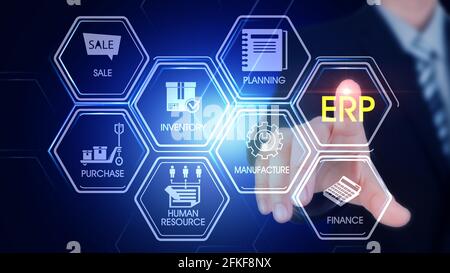 ERP Hexagonal Touch Screen Konzept Hexagonal Virtual Touch Screen Konzept Mit einem Mann, der den Bildschirm mit Finger und Lichtstreifen berührt Stockfoto