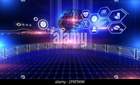 Gehirnanalyse Virtuelle Realität EINE virtuelle Realität 3d-Grafik zeigt Rotierendes Modell des menschlichen Gehirns mit medizinischen Symbolen auf der Umgebung Stockfoto