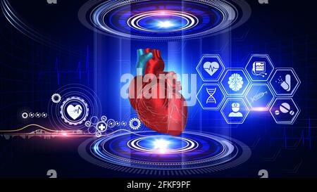 Herzanalyse Virtuelle Realität EINE virtuelle Realität 3d-Grafik zeigt Drehbares Herzmodell mit medizinischen Symbolen auf der Umgebung Stockfoto