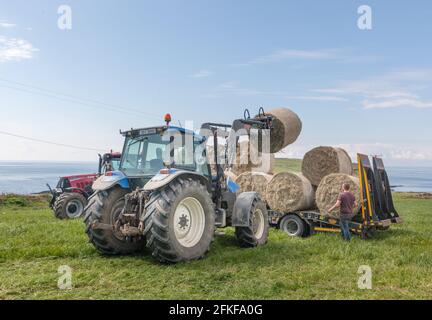 Galley Head, Cork, Irland. Mai 2021. Der Landwirt Ger Deeasy wird von dem Auftragnehmer Jonathan Crowley geleitet, der Ballen Bio-Heu auf einen Tieflader am Galley Head in West Cork, Irland, lädt. - Credit; David Creedon / Alamy Live News Stockfoto