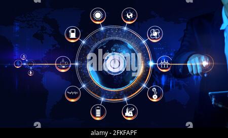 Energy Icon rotierendes Rad Konzept rotierendes Rad mit umgebendem Symbol Nach Stadt und Weltkarte Zentrum und Spoke Konzept Stockfoto