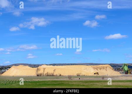 Eine nicht markierte gelbe Planierraupe am Boden eines riesigen Sägemehlstapels. Der Haufen ist riesig und stellt den Bulldozer in den Schatten. Fernsicht, sonniger Tag. Stockfoto