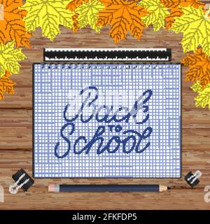 Handgeschriebene Schrift für die Schulzeit in einem Notizbuch. Holzstruktur Hintergrund und Herbstblätter. Vektor-Vorlage für Werbeplakat, Logo-Design, g Stock Vektor